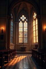 Fototapeta premium Soft candlelight shines through stained glass windows in a historic church, light, soft