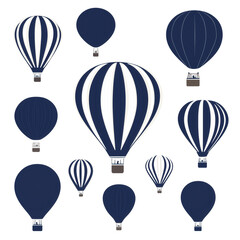 Naklejka premium Adventure travel silhouettes: hot air balloon, navy blue and white, vector style, transparent background