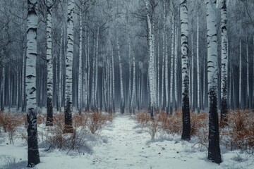 Snowy forest path in winter with tall trees and sparse underbrush