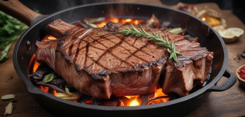 Sizzling tomahawk steak in a hot skillet with aromatics, cooking techniques, aromatics