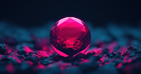Shimmering red gemstone with vivid pink glow resting on dark textured surface in an artistic and enchanting display