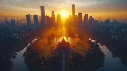 Obraz premium Sunrise Cityscape Illuminates Majestic Building And Skyline