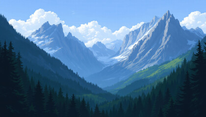 Obraz premium Majestic Mountain Range: A Serene Landscape Painting