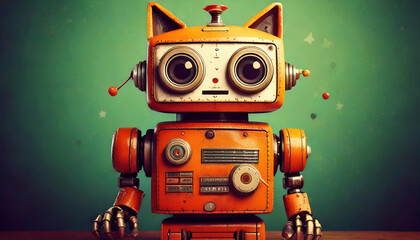 Fototapeta premium Retro robot adventure whimsical studio cartoon art playful environment front view vintage technology with cat on chest