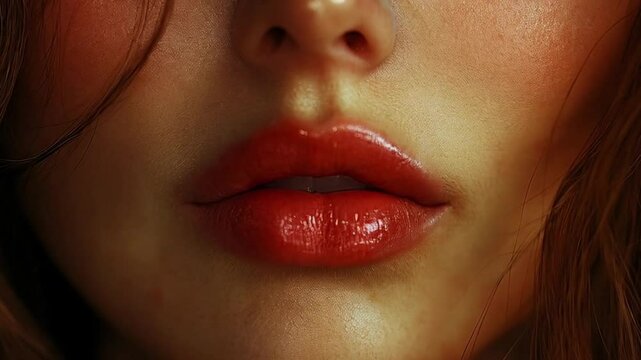 Close up shot of a woman's mouth with glossy, red lipstick. Warm, golden lighting accentuates the lips and skin. The background is softly blurred, drawing focus to the detailed texture of the lips
