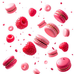 Flying Raspberries and Macarons, Transparent Background, Sweet Treats, Dessert, Delicious Food, Floating