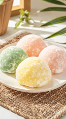 .Pastel mocha delights on a white plate with warm natural lighting.