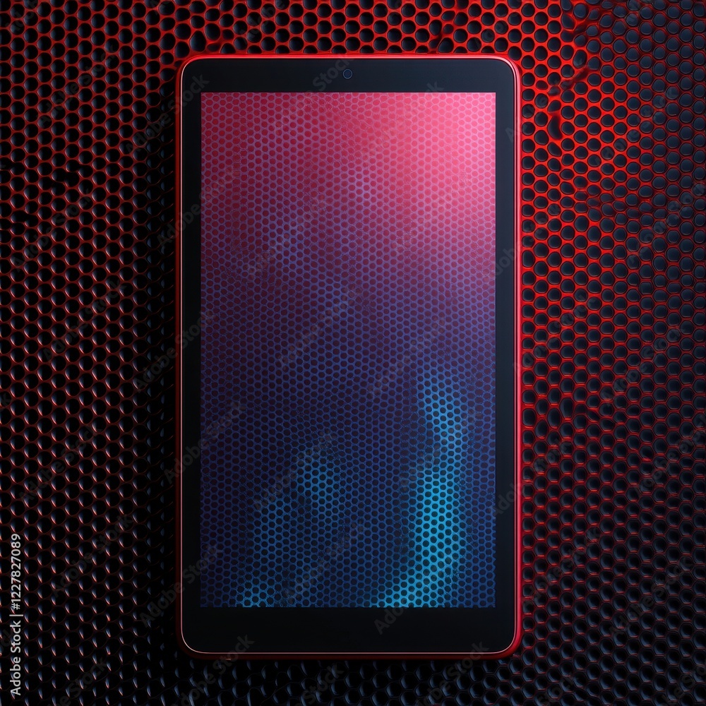 Poster sleek digital tablet displaying an abstract geometric pattern with red and blue hues on textured bac