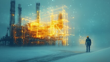 Fototapeta premium a worker in a snowy oil field merging with the shape of a glowing energy graph showcasing productivity and innovation