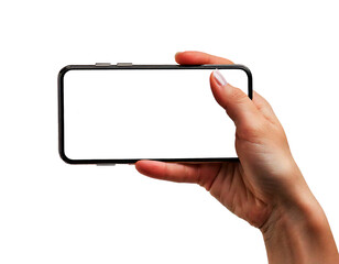 Caucasian female hand holding smartphone horizontally with blank screen mock up, isolated on white transparent background