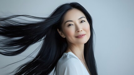 A photograph of an Asian woman with long black hair, smiling and looking at the camera
