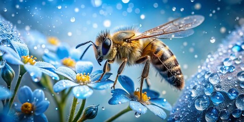 Naklejka premium Delicate Bee on Blue Flower with Dew Drops - Macro Bokeh Photography