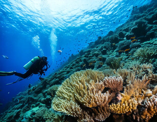 Fototapeta premium A man in a green suit floats in the ocean. The water is blue, and the person is surrounded by fish