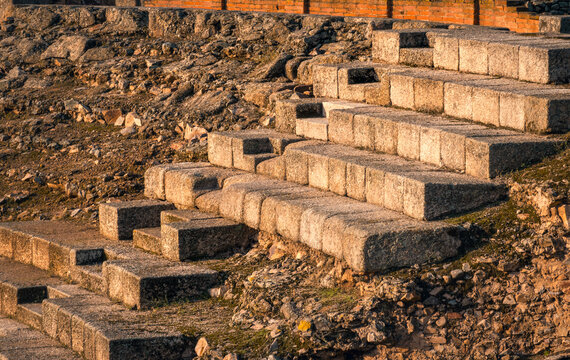 Ancient Roman Theatre Steps in Merida, Spain at Sunset