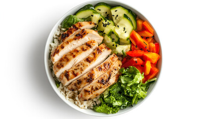 Healthy meal. Tasty vegetables and chicken breast in bowl isolated on white, top view