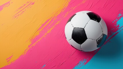 Soccer ball rolling on vibrant background with bright colors creating an energetic and playful atmosphere