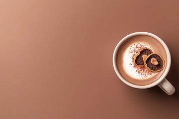 top-down view of scene is product photography setup with studio lighting ceramic mug of mushroom coffee garnished with