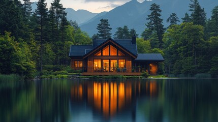 Obraz premium Mountain lake cabin twilight reflection serenity