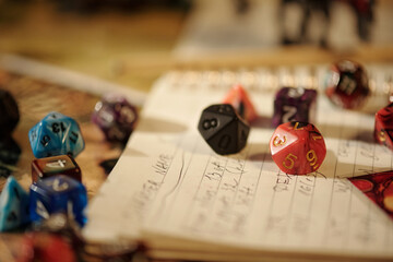 Focus on several dices with numbers lying on page of copybook with instructions and rules of board game