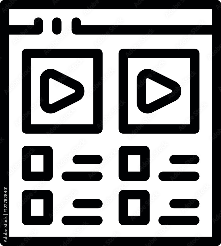 Poster simple, bold line icon of a web page layout featuring streaming video content and a navigation menu