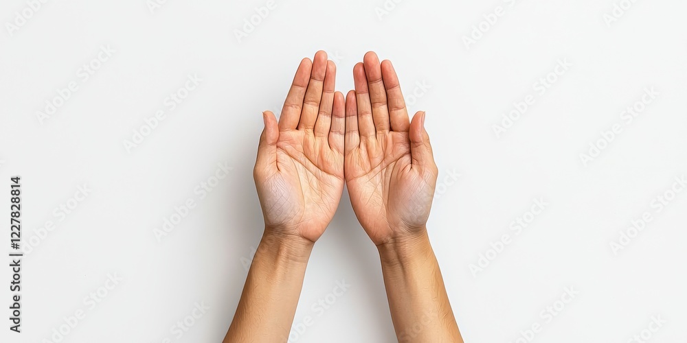 Poster two open hands facing each other against a plain background, symbolizing connection, openness, or a 