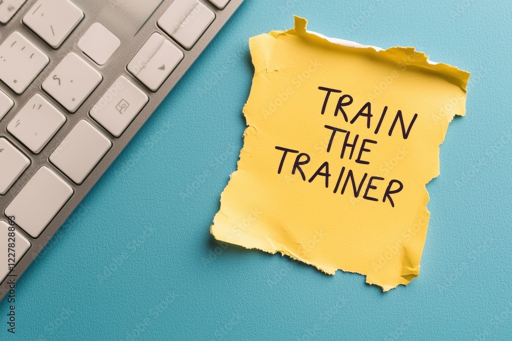 Poster sticky note reminder on desk for train the trainer session with keyboard in background