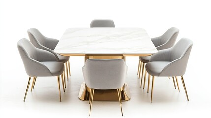 Modern square marble dining table, grey chairs, studio