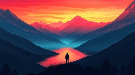 Stunning Sunset Over Mountain Range with Silhouette of Hiker Standing by Reflective River in Tranquil Valley