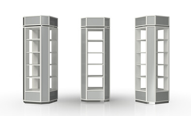 Mockup of metal tower display cabinet showcase for exhibition, presentation or retail. 3d illustration set on white background
