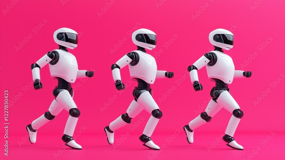 Poster three humanoid robots running playfully against a vibrant pink background in a dynamic animated scen