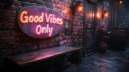 Naklejka premium Neon Sign Good Vibes Only in Rainy Urban Setting. Generative AI