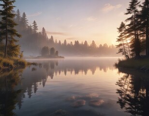 Fototapeta premium Softly glowing mist rises from a tranquil lake at dawn, nature, peaceful