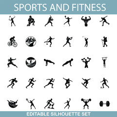 Editable Sports and Fitness Silhouette Icons Athlete, Activity, Exercise