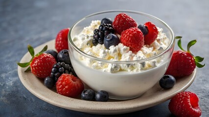 Bowl of cottage cheese with fresh berries, healthy organic farm food photo