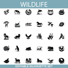 Wildlife Silhouette Icons Editable Animal Set for Design