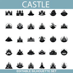 Obraz premium Editable Castle Silhouettes Diverse Designs, Iconic Structures, Vector Graphics
