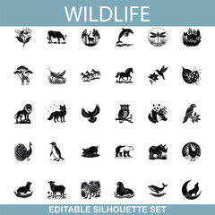 Editable Wildlife Silhouettes Animals, Birds, Nature, Icons Set