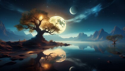 landscape tree with glow moon desktop wallpaper