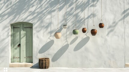 Hanging Pots and Shadows on a Wall with a Wooden Door