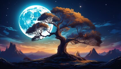landscape tree with glow moon desktop wallpaper