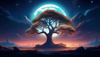 landscape tree with glow moon desktop wallpaper