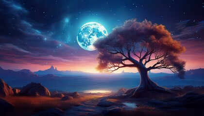 landscape tree with glow moon desktop wallpaper
