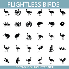 Flightless Birds Editable Silhouettes of Emus, Kiwis, Penguins