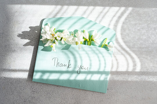 Top view of spring snowdrops on a thank you card