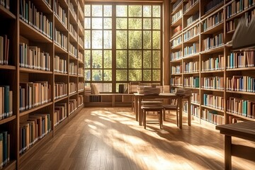 Obraz premium Warm afternoon light fills a serene library with wooden shelves and a cozy reading area