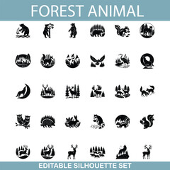 Fototapeta premium Forest Animal Silhouettes Editable Vector Icons Set Graphic Design