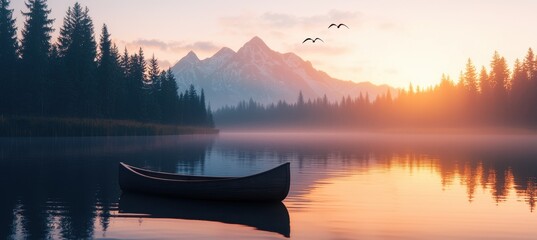 Tranquil Canoe On Still Lake With Sunrise Over Majestic Mountains And Peaceful Forest Reflection