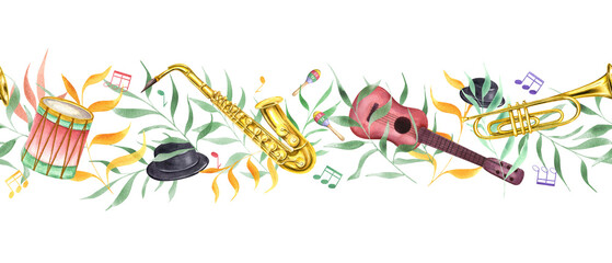 Watercolor six string guitar, drum, trumpet, hats, maracas, musical notes and colorful holiday leaf branches seamless horizontal banner. Carnival festive musical instruments pattern illustration