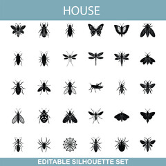 House Insects Editable Silhouette Set of Common Bugs