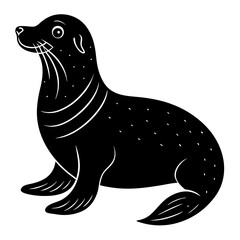 Cute Sea Lion Silhouette Line Art  Black Vector Carton Illustration